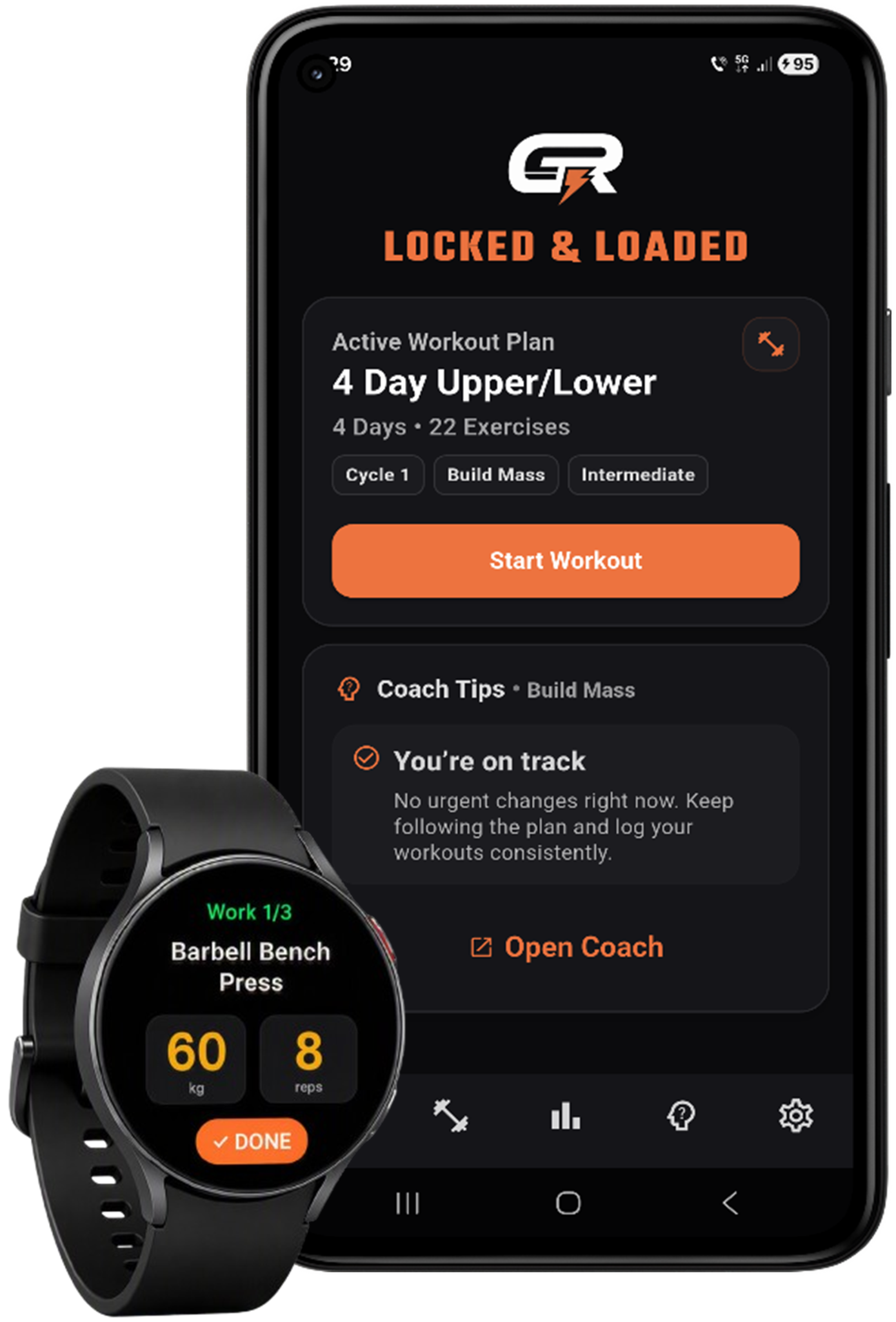 GymRiff workout tracker shown on Android phone and Wear OS watch